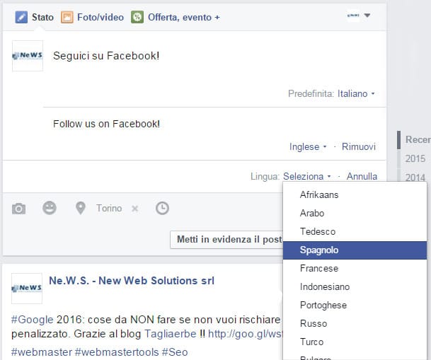 pubblicazione post in più lingue facebook