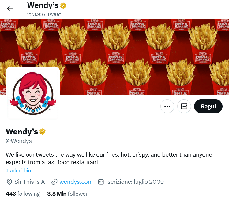 Profilo Twitter di Wendy's