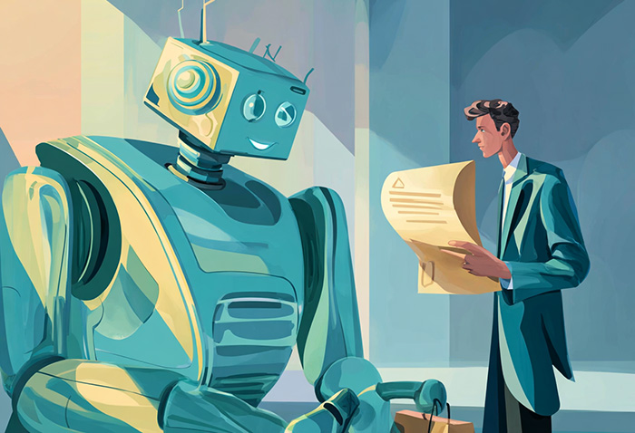 Robot dall'espressione amichevole seduto accanto a un uomo che legge un documento, a rappresentare l'interazione tra sistemi AI conversazionali e operatori umani
