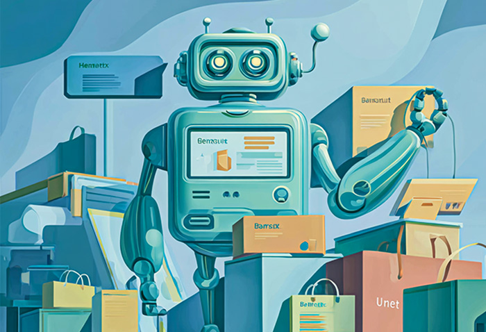 Robot vintage circondato da shopping bag, scatole di prodotti brandizzate e insegne commerciali, a rappresentare l'automazione AI nei processi di comunicazione e-commerce