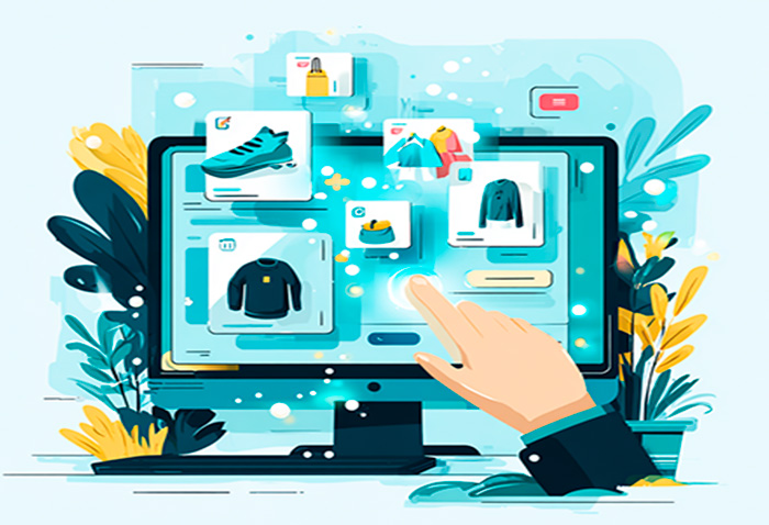 Schermo digitale da cui emergono prodotti personalizzati come scarpe e abbigliamento, con una mano che interagisce  con l'interfaccia touch, a rappresentare la personalizzazione AI  nell'e-commerce che adatta contenuti e raccomandazioni ai gusti  del singolo utente