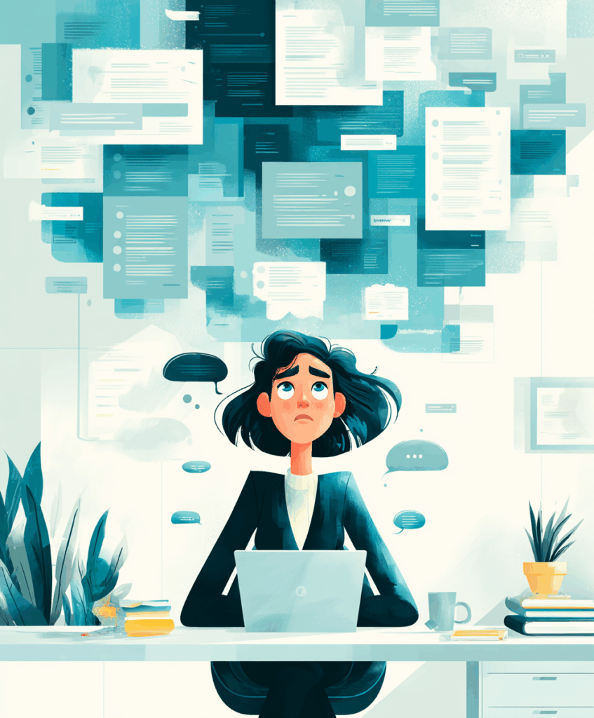 Professionista frustrato con multiple conversazioni AI aperte sul computer