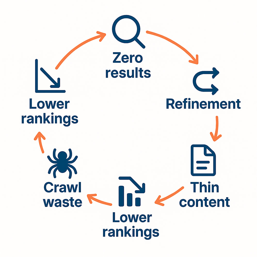 Diagramma del circolo vizioso delle zero-result: ricerca fallita, raffinamento, contenuti deboli, ranking in calo, spreco di crawl budget