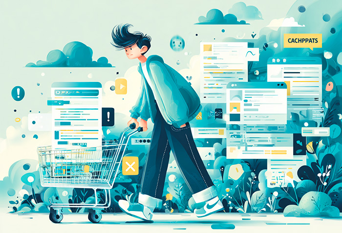 Illustrazione di una persona che spinge un carrello della spesa attraverso un ambiente digitale caotico, circondato da interfacce web, icone di errore e notifiche, a rappresentare le barriere di accessibilità che un utente incontra nell'e-commerce