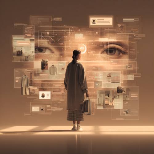 Donna con shopping bag che osserva una parete di pannelli digitali flottanti con contenuti di moda, analytics e grandi occhi sullo sfondo, a rappresentare l'AI emotiva che analizza comportamenti e stati d'animo dell'utente per personalizzare l'esperienza d'acquisto
