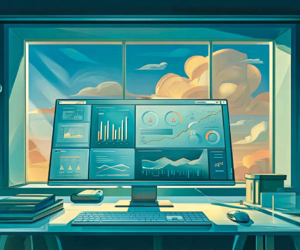 Monitor su scrivania che mostra una dashboard di monitoraggio con grafici a barre, grafici a torta, icone di avviso e indicatori di performance, a rappresentare la necessità di supervisione sistematica dei sistemi AI per prevenire hallucinations