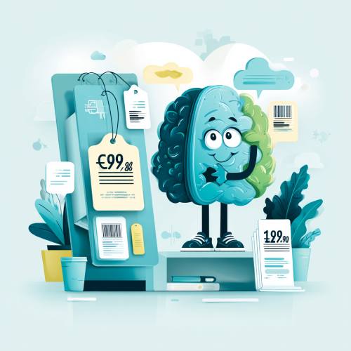 Un cervello antropomorfo che osserva un cartellino con prezzo €99,99 su uno schermo digitale, accanto a un prezzo di riferimento di 129,90€, a rappresentare il meccanismo dell'anchor pricing e l'effetto psicologico dei prezzi-esca sulle decisioni d'acquisto