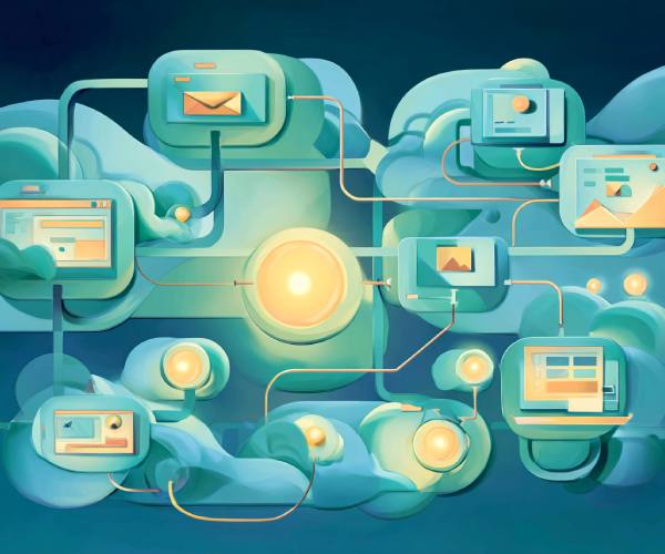 Rete di touchpoint digitali collegati da linee luminose a un nodo centrale, con schermate di email, pagine web e contenuti multimediali, a rappresentare come i flussi di automazione integrata possano propagare rapidamente contenuti incoerenti su tutti i canali del brand