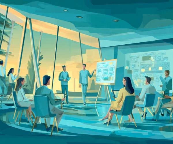 Gruppo di professionisti in una sala riunioni, con due persone che presentano un piano con post-it e diagrammi mentre il team partecipa, a rappresentare la progettazione collaborativa di chatbot AI robusti e resilienti per la UX conversazionale
