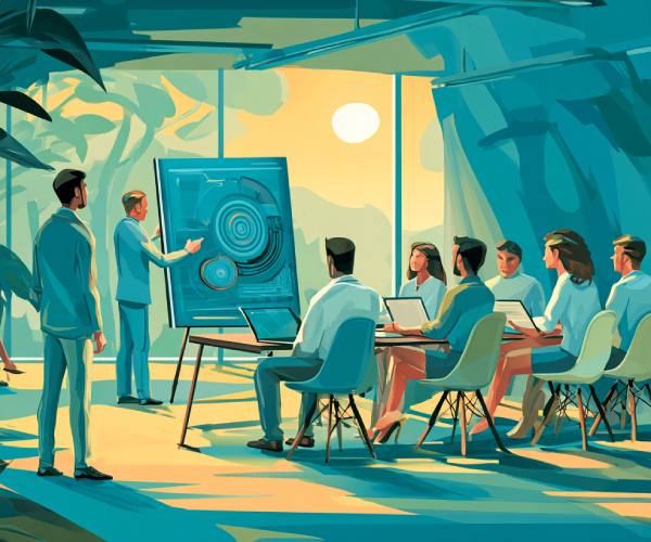 Un professionista che presenta una strategia a un gruppo di colleghi in una sala riunioni, indicando un diagramma su lavagna, a rappresentare l'approccio organizzativo di governance ibrida umano-AI