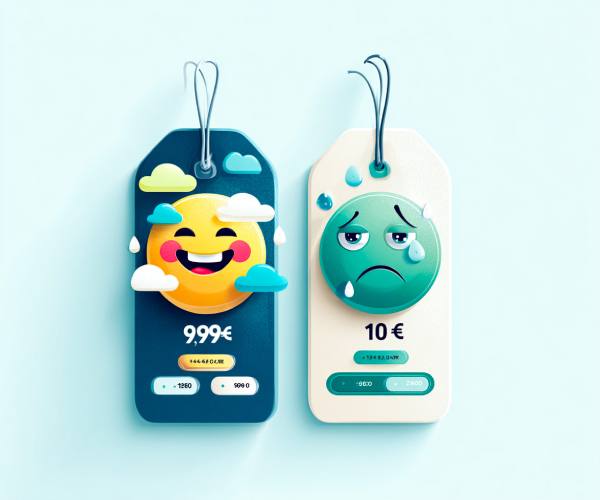 Due cartellini prezzo a confronto: il cartellino sinistro con prezzo 9,99€ accompagnato da una emoji sorridente e metriche positive, il cartellino destro con prezzo 10€ accompagnato da una emoji triste e metriche negative, a rappresentare l'effetto psicologico del charm pricing sulla percezione del consumatore