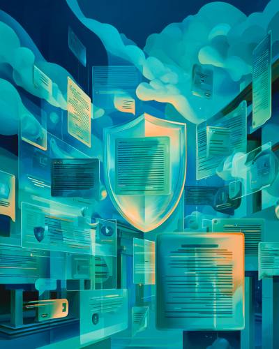 Uno scudo digitale luminoso circondato da pannelli di documenti e schermate flottanti in un ambiente turchese, a rappresentare la protezione dei dati conversazionali e la difesa proattiva contro prompt injection e data leakage