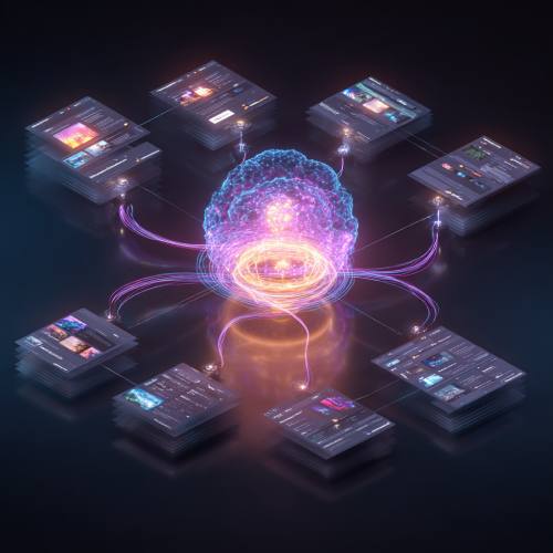 Cervello digitale luminoso al centro collegato tramite linee luminose a multiple schermate di dispositivi, ognuna con contenuti diversi, a rappresentare l'AI come intelligenza centrale che orchestra il multi-channel marketing adattando messaggi e formati a ogni piattaforma