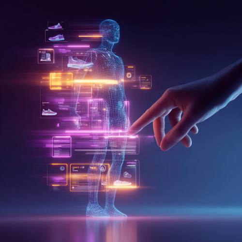 Una figura umana olografica circondata da pannelli UI con prodotti come scarpe e schede prodotto, con una mano che interagisce con l'interfaccia, a rappresentare la costruzione step-by-step del profilo utente come motore della personalizzazione AI nell'e-commerce