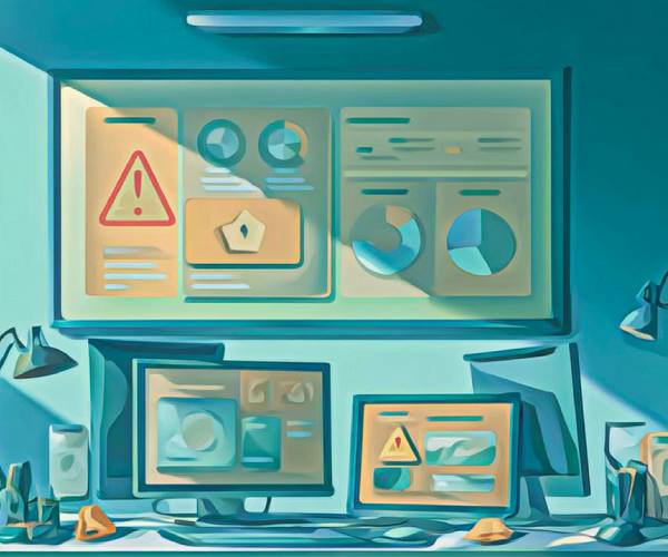 Postazione con schermi multipli che mostrano dashboard di monitoraggio con icone di avviso, grafici a torta e pannelli analytics, a rappresentare la necessità di controllo continuo sui contenuti generati dall'AI