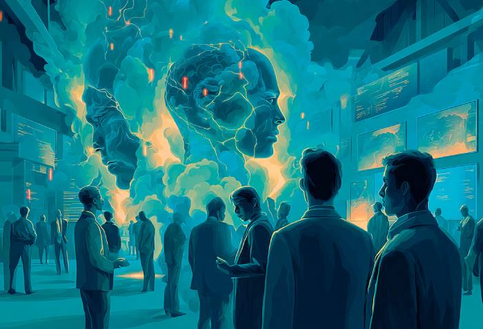 Persone in piedi che osservano volti umani emergere da nubi luminose in un ambiente digitale notturno, a rappresentare i rischi invisibili della prompt injection e la manipolazione dei modelli AI nei contesti pubblici