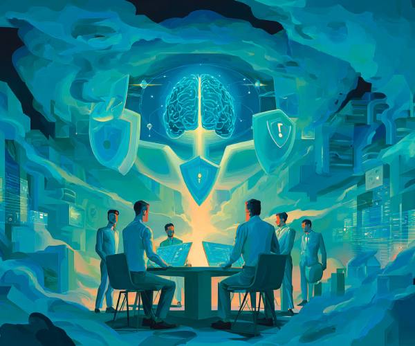 Un gruppo di professionisti riuniti attorno a un tavolo illuminato, sovrastati da un cervello olografico e scudi digitali di protezione, a rappresentare lo sviluppo sicuro di applicazioni AI con la sicurezza integrata fin dalle prime fasi del ciclo di vita del software