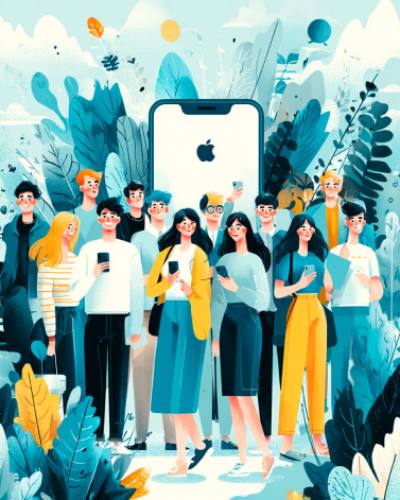 Un gruppo di persone riunite attorno a un grande iPhone con logo Apple, a rappresentare il concetto di social proof e la forza della massa come leva psicologica nelle decisioni d'acquisto