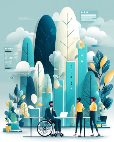Illustrazione di tre persone che lavorano insieme in un ambiente digitale: una persona su sedia a rotelle con un laptop, affiancata da altri due collaboratori in piedi, a rappresentare un contesto lavorativo e tecnologico inclusivo e accessibile