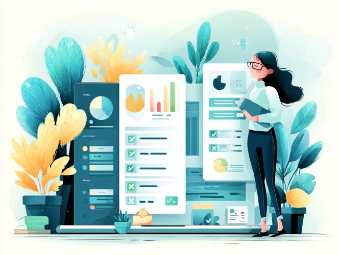 Illustrazione di una persona che monitora le prestazioni di diversi e-commerce attraverso interfacce web, icone di errore, grafici e notifiche, a rappresentare l'impatto che l'accessibilità ha su un sito e-commerce