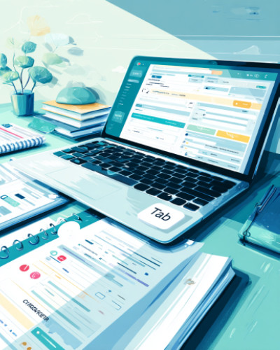 Illustrazione di un computer con il tasto Tab ben visibile per rappresentare la possibilità di navigare le informazioni sullo schermo tramite tastiera