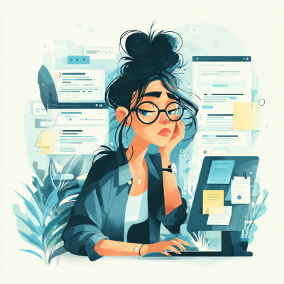 Illustrazione di una professionista con occhiali che osserva pensierosa uno schermo digitale circondato da elementi di interfaccia, a rappresentare la frustrazione di un utente che incontra ostacoli di accessibilità durante la navigazione online
